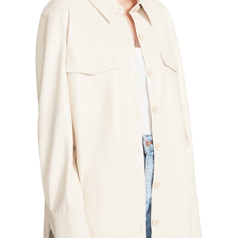 Faux Leather Button-Up Shirt Oatmeal /Cream Small - Picture 3 of 7